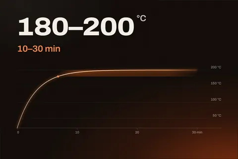 Curva orientativa de curado: la pieza sube hasta 180–200 °C y se mantiene entre 10 y 30 minutos